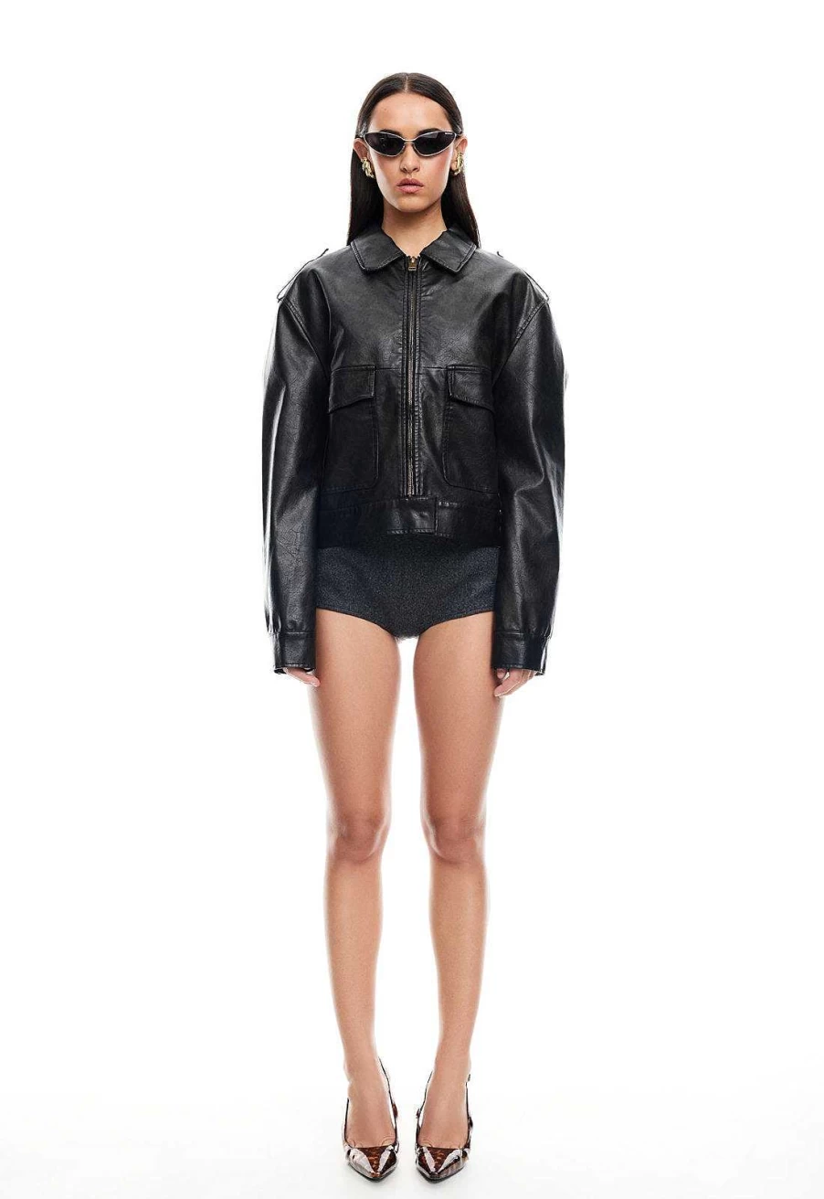 Lioness Women's 80s Retro Bomber Jacket | Faux Leather Vintage Coat
