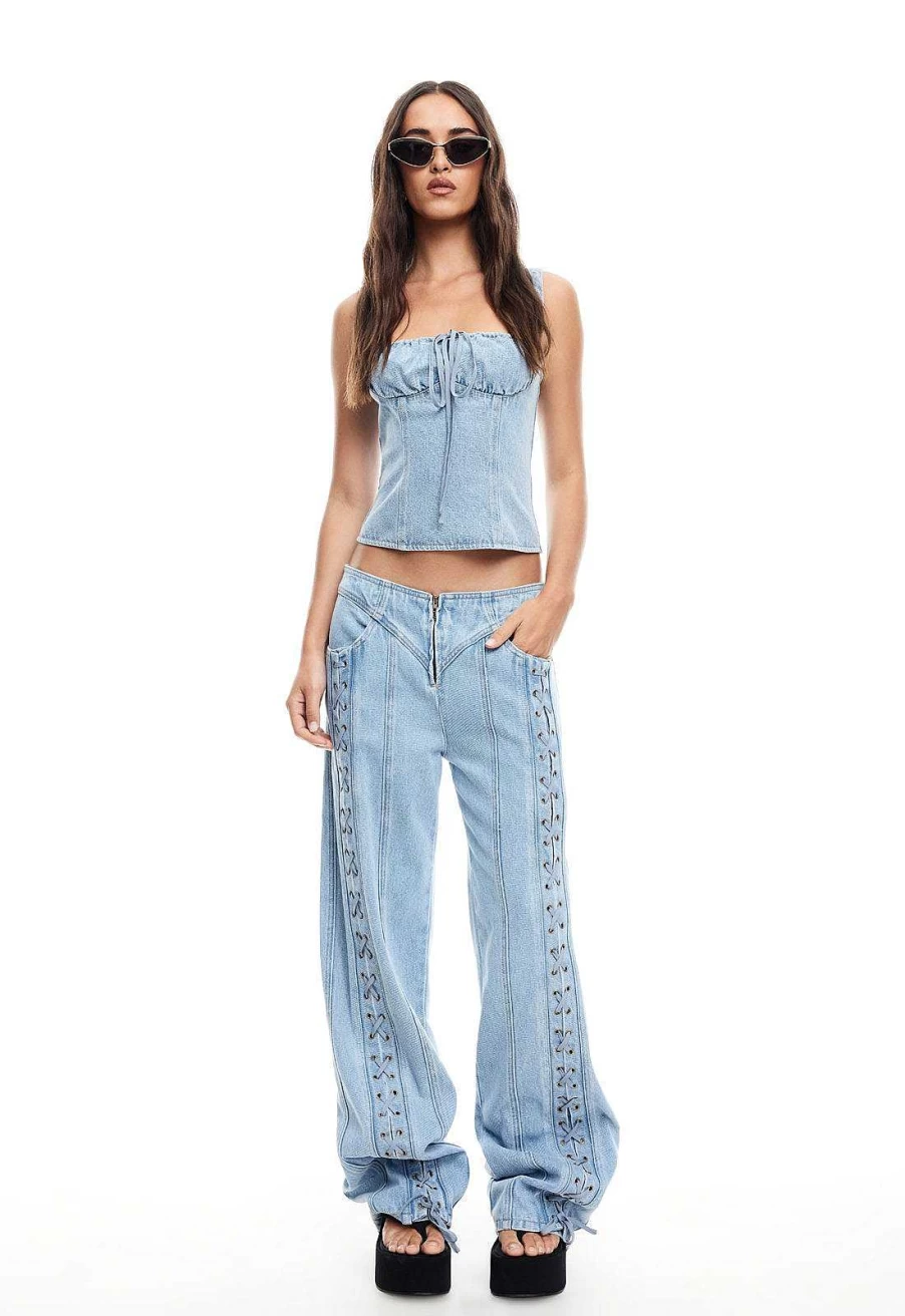 Lioness Women's High-Waisted Daydream Tie-Up Distressed Denim Jeans for Women