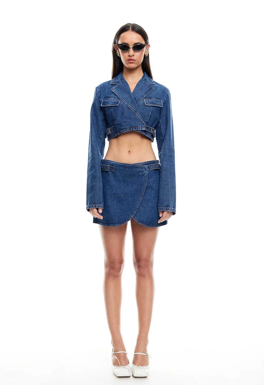 Lioness Women's Anja High Waisted Mini Skirt - Stylish Stretch Denim A-Line Short Skirt